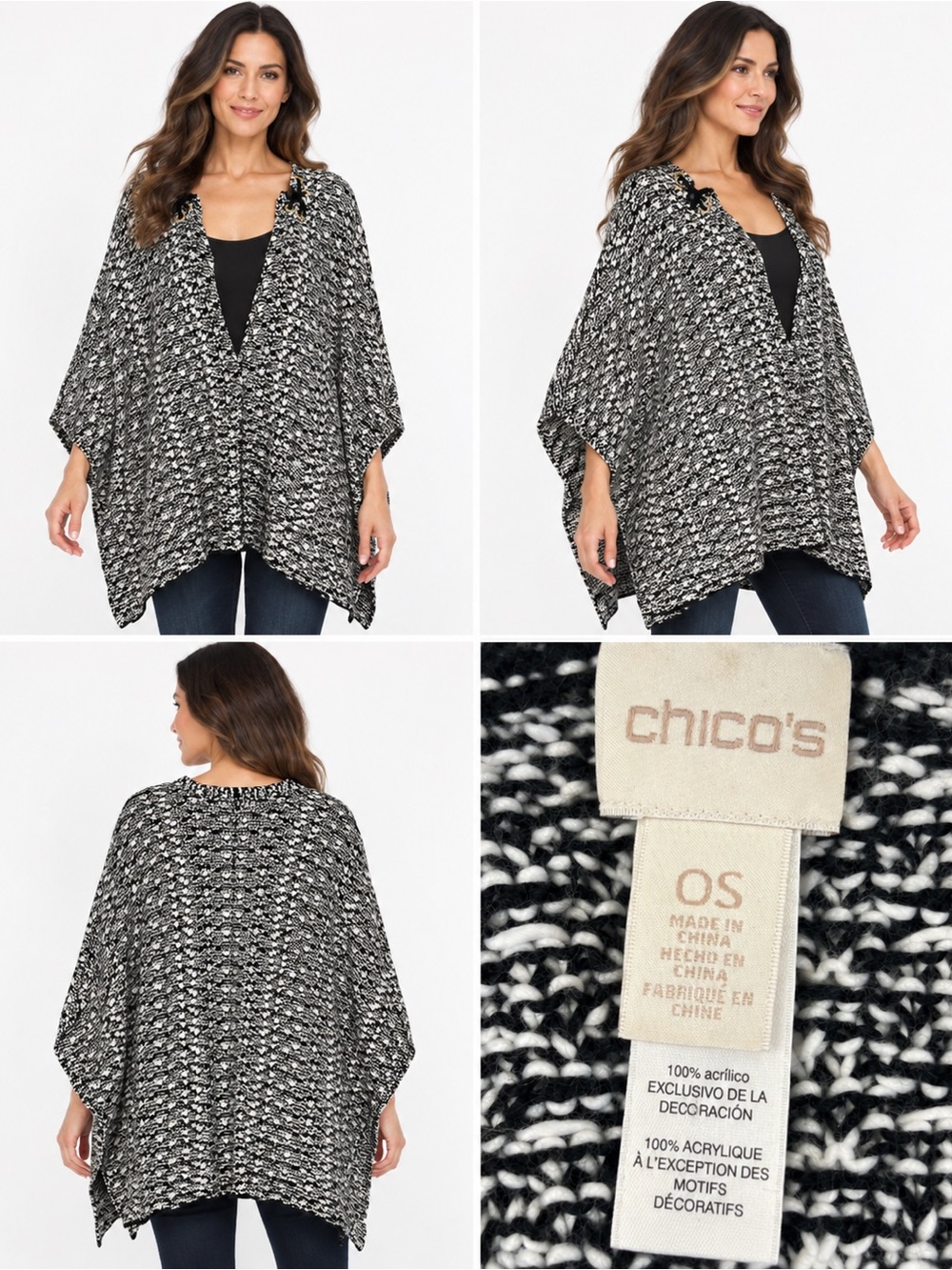 Chico’s OS Black White Monochrome Knit Cardigan Lace Up Neck Sweater SzOS